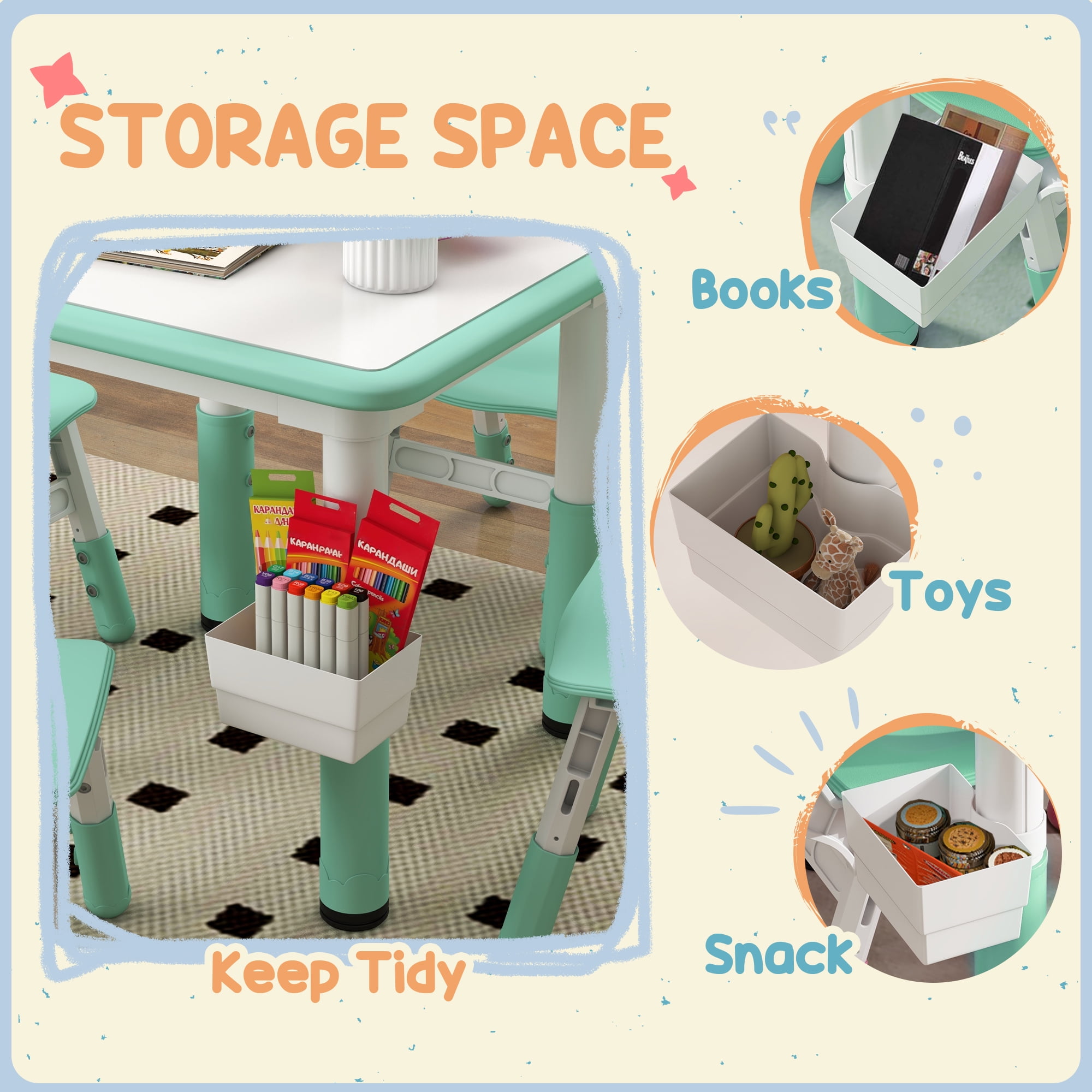 Qaba 5 Piece Height Adjustable Kids Table and Chair Set with Storage, Green