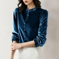 thumbnail image 4 of Women's Long Sleeve Velvet Shirts Soft Crew Neck Dressy Casual Blouses with Ruffled Detailing Solid Color Tops (3XL, Blue), 4 of 7