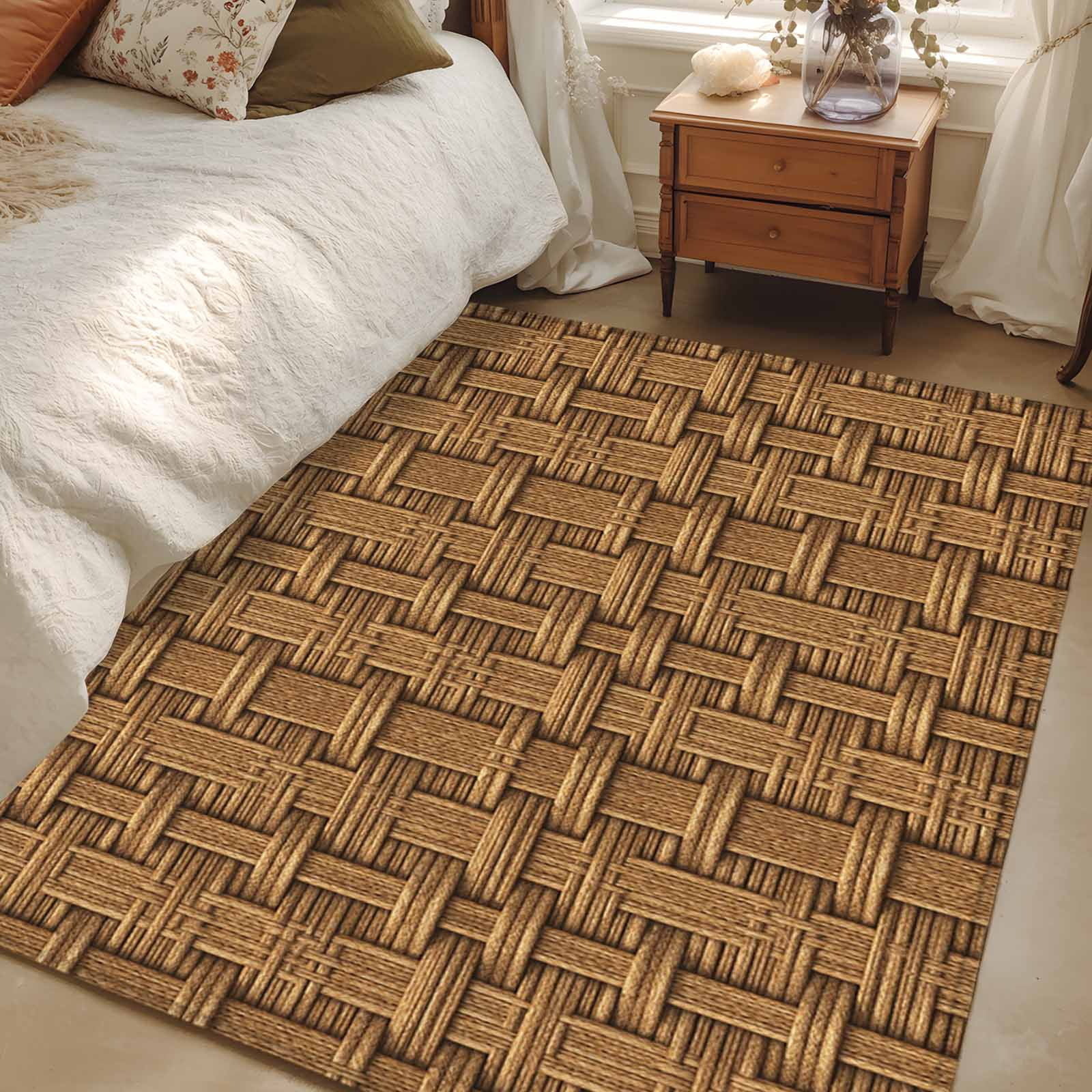 Area Rugs 2.7'x5', Vintage Rattan Carpet for Living Room Bedroom Dining Room, Minimalist Abstract Wicker Texture Brown Throw Kitchen Rugs Non Slip Washable Rectangle Indoor Outdoor Rugs