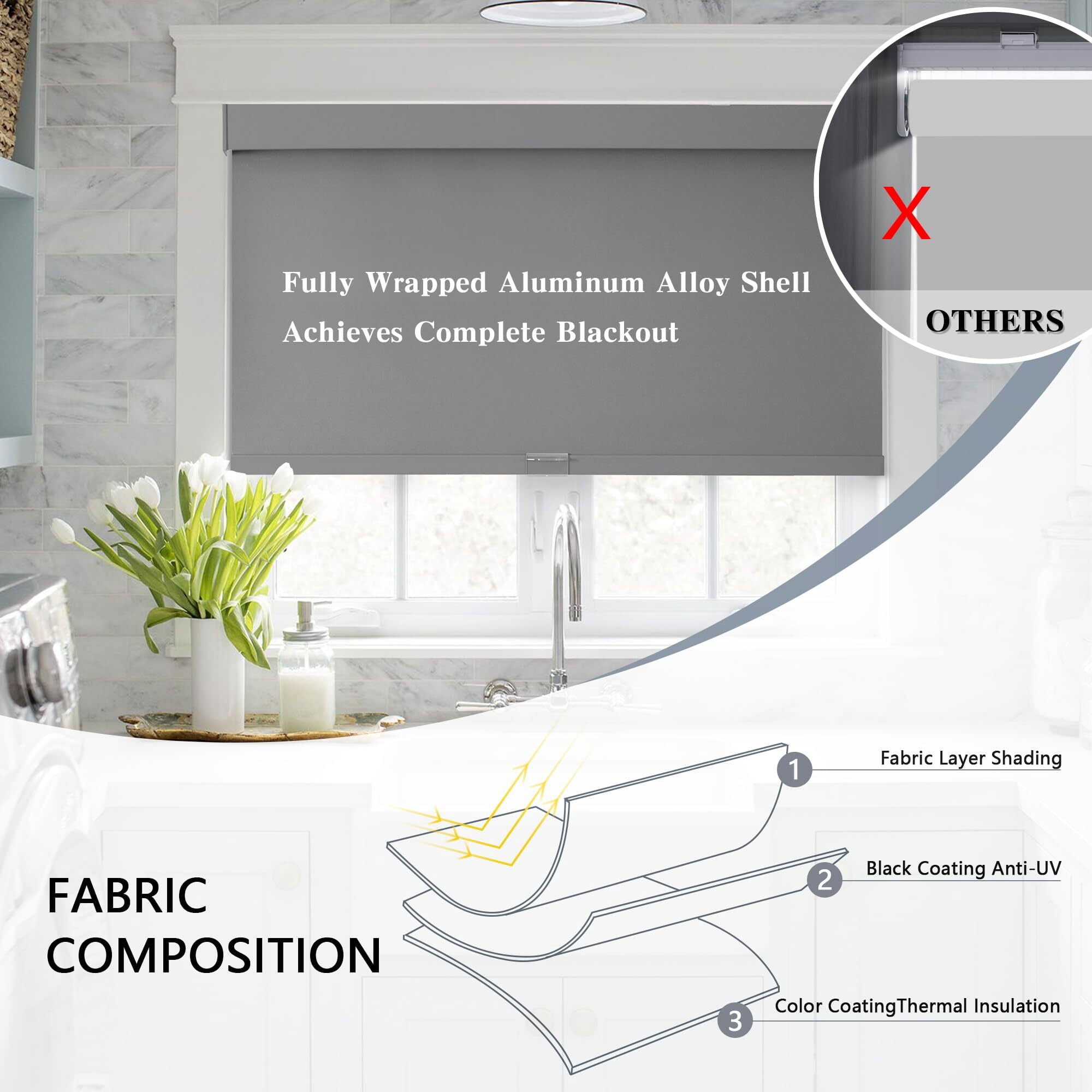 AOSKY Cordless Blackout Roller Shades, Free-Stop Natural Woven Window Blinds Thermal Insulated UV Protection for Home and Office, 20"W x 72"H, Grey