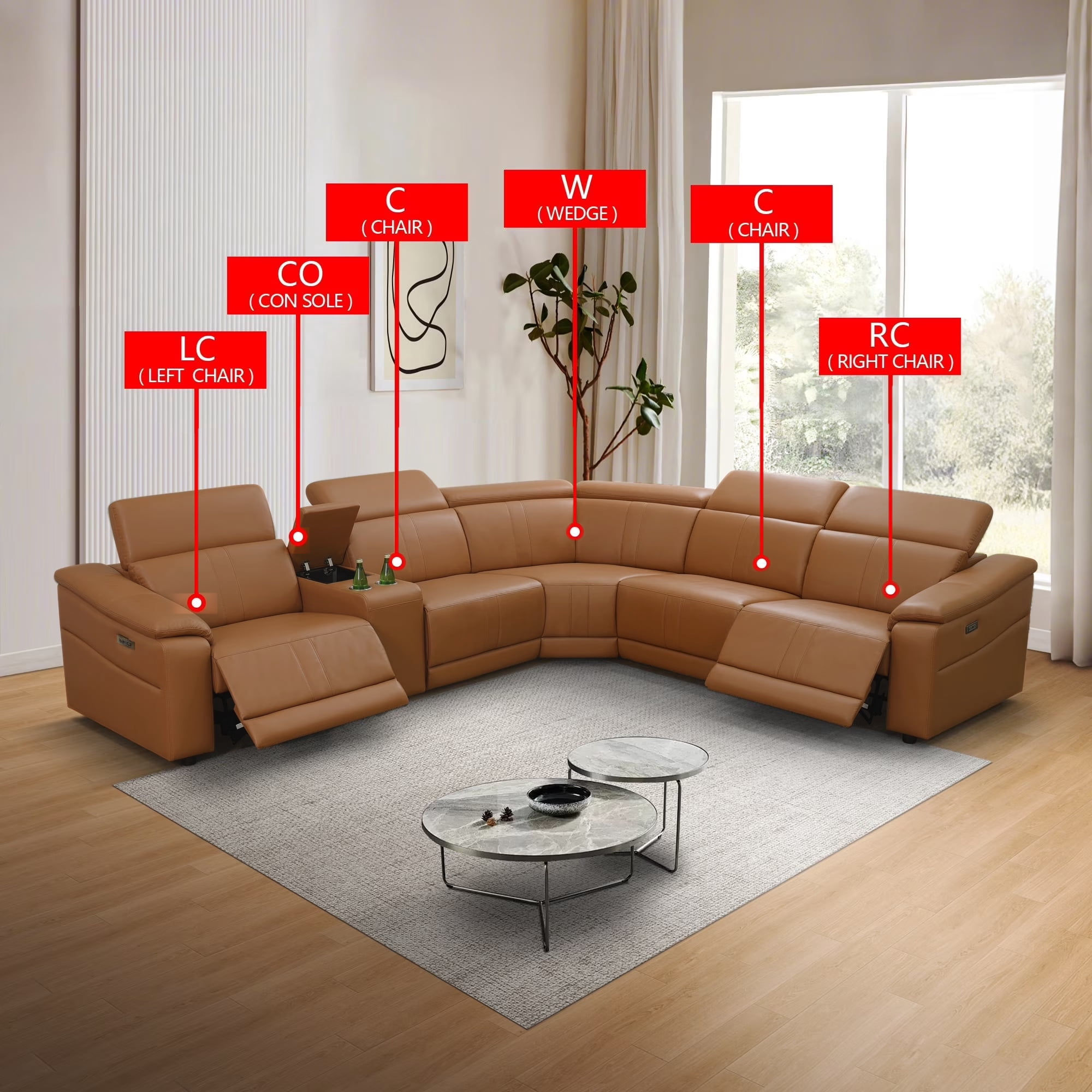 Gewnee Light Brown Air Leather Power Reclining Sofa with Storage, Cup Holders, USB Charging and LED Lights, Solid Wood Frame, for Living Room