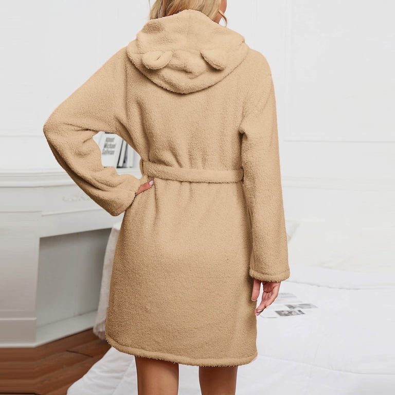 Ladies Soft Hooded Plush Bath Robe for Women Winter Warm Housecoat Loungewear Bathrobe Terry Towelling Cotton Dressing Gown Khaki M