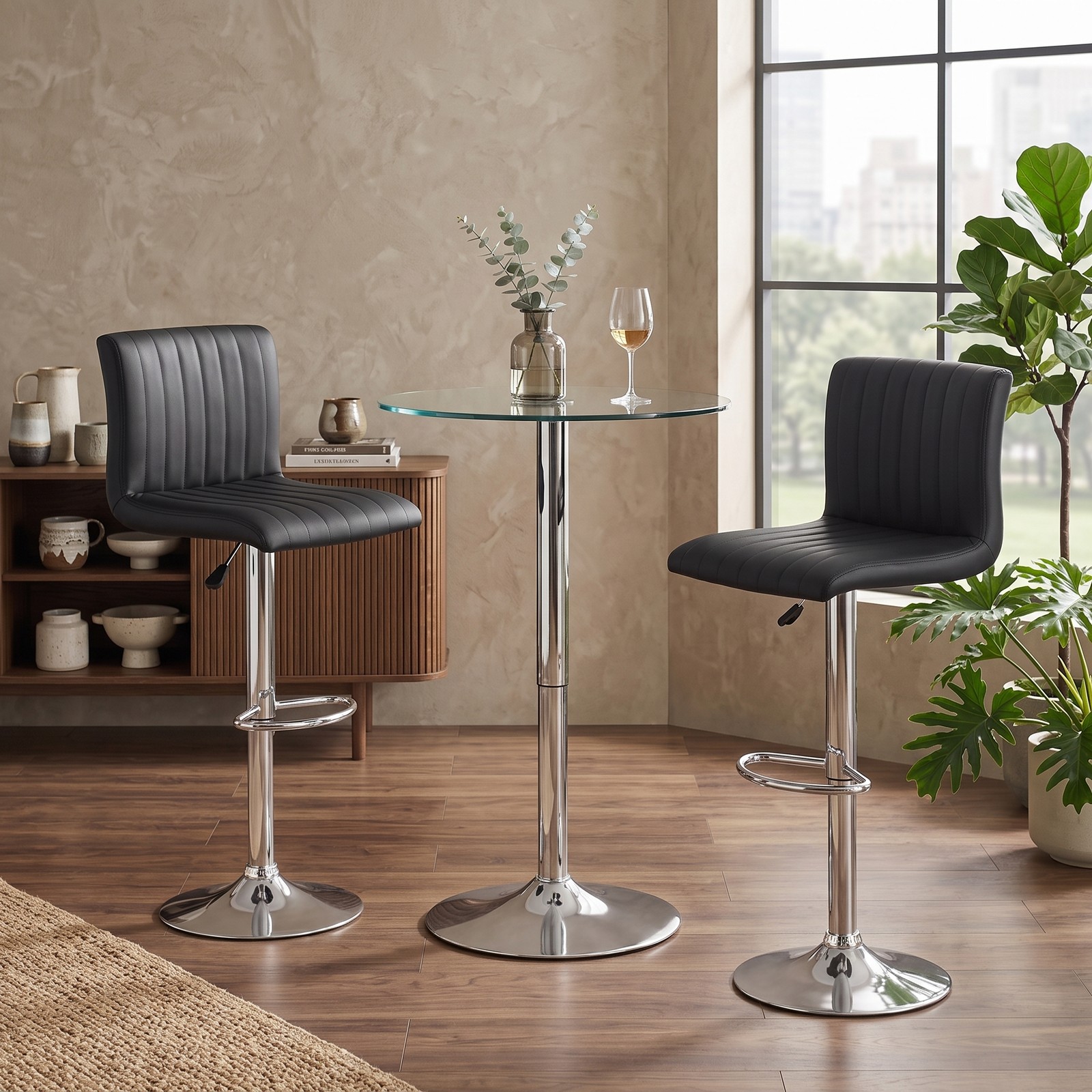 Furnibear Adjustable Swivel Bar Stools Set of 2, 360-Degree Counter Height Barstools with Backrest and Footrest, Faux Leather Padded Kitchen Island Chairs with, Black