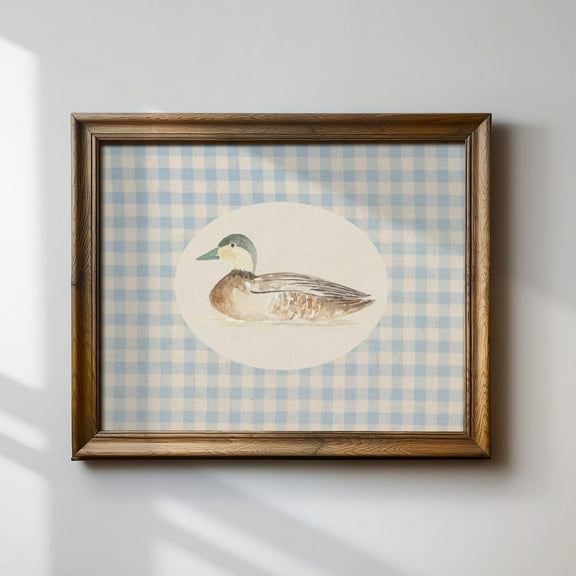 Blue Gingham Mallard Duck Horizontal Print, Nursery, Botanical, Cottage Core Decor, Farmhouse Wall Art, Modern Wall Decor For Living Room, 8x12 UNFRAMED