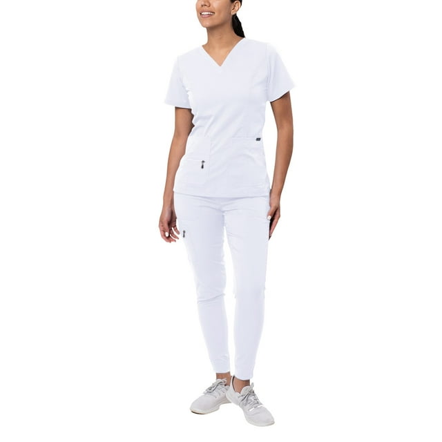 Adar Pro Flawless Plus Scrub Set For Women - Elevated V-Neck Top & Jogger Scrub Pants - P9600 - White - S