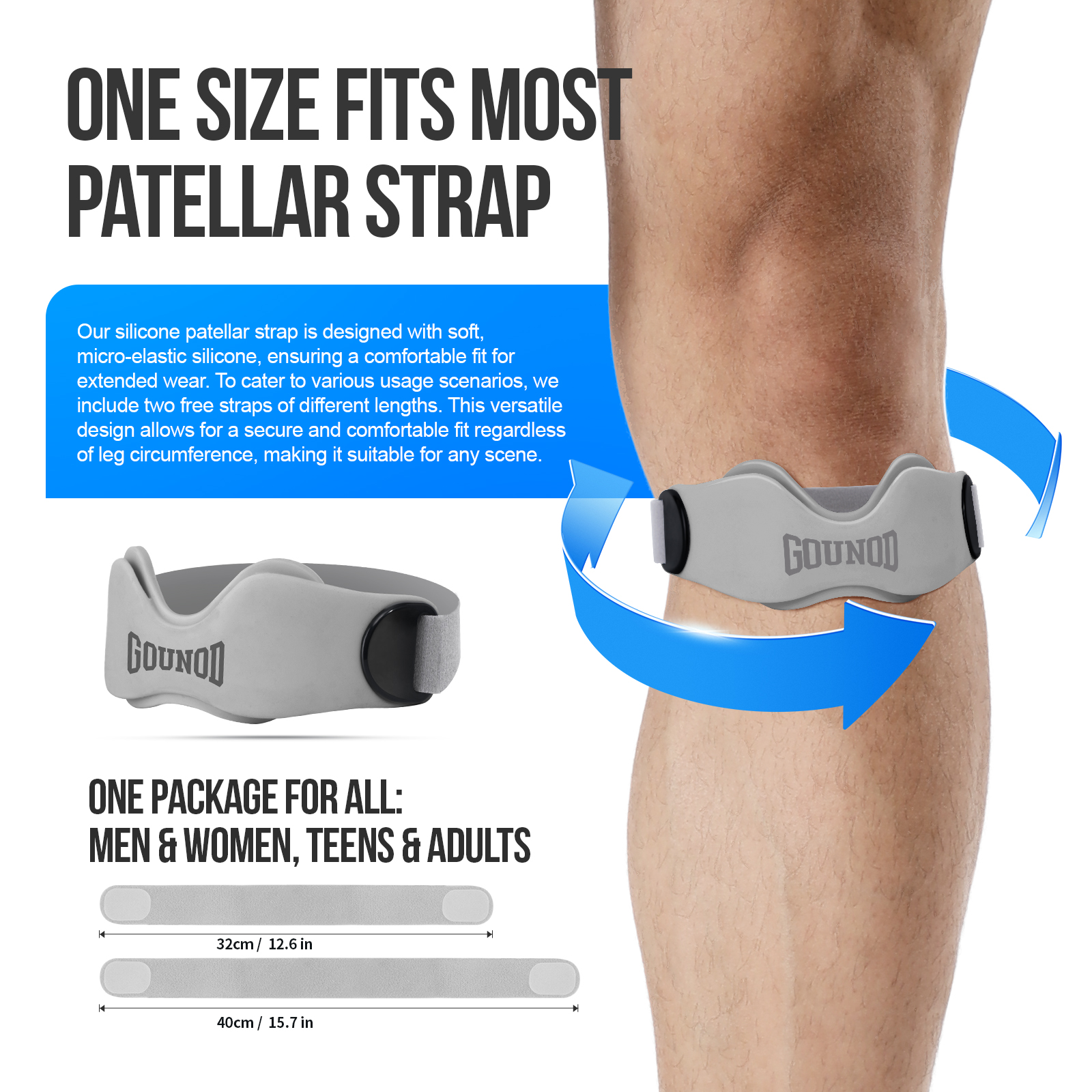 GOUNOD Patellar Tendon Support Strap 2 pack, Adjustablle Anti-Slip Knee Wrap, Unisex Knee Support for Running Cycling
