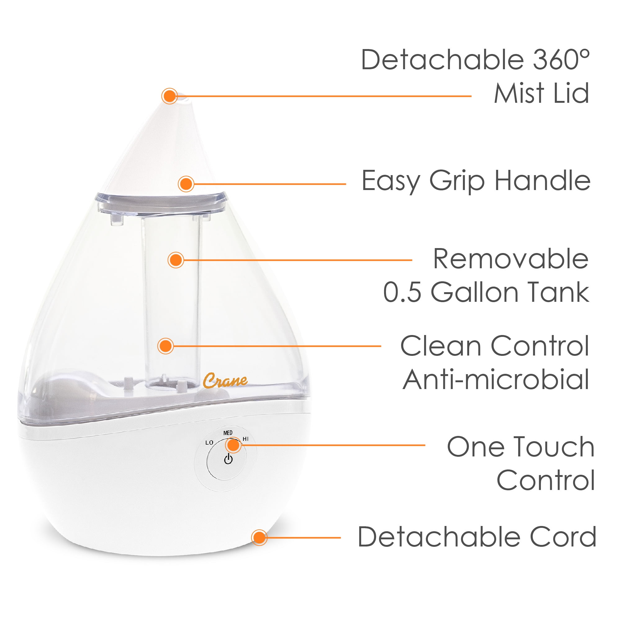 Crane Droplet Ultrasonic Cool Mist Humidifier, 0.5 Gallon, 15 Hour Run Time, Optional Vapor Tray, 250 Sq. Ft. Coverage, Clear/White