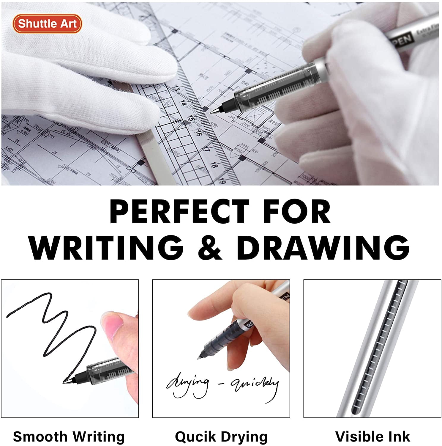 RollerBall Pens, Shuttle Art 50 Pack Black Fine Point Roller Ball Pens, 0.5mm Liquid Ink Pens for Writing Journaling Taking Notes