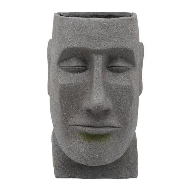 Benzara BM238150 13 Pouces Moai Tête Planteur de Résine Design avec Ouverture Ronde Gris - 16.93 x 10.04 x 5.5