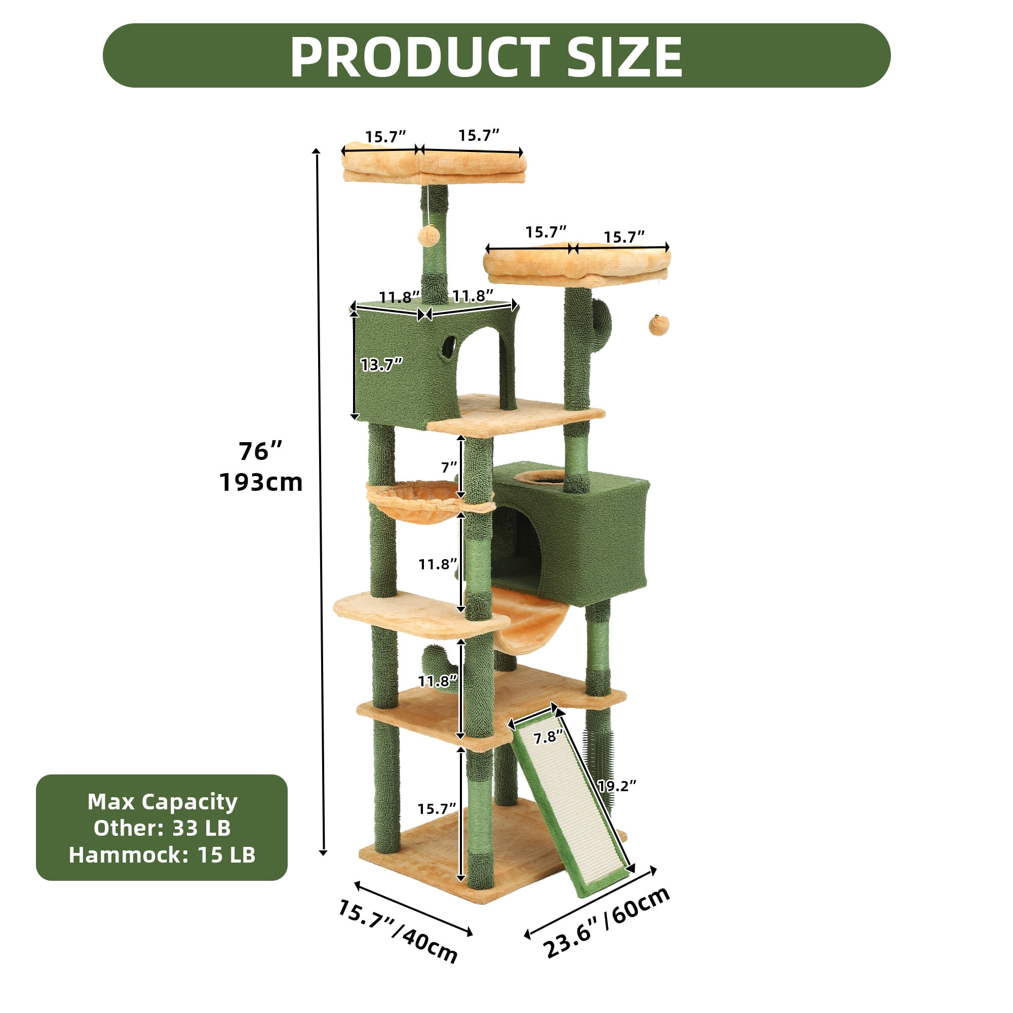 Uforic Large 76" Cactus Cat Tree Tower with Sisal Scratching Posts, Multi-Level Cat House and Condo, Green & Yellow