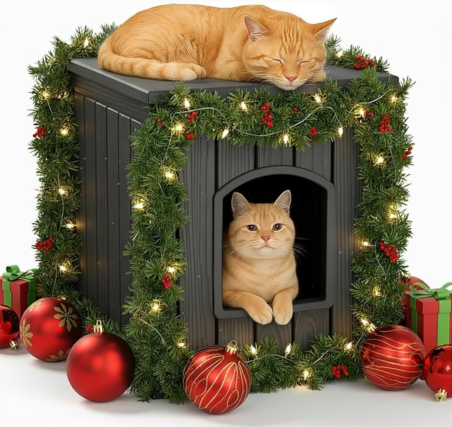 LEHOME Outdoor Cat House -Weatherproof Resin Cat Houses for Cats, Durable, Easy Assembly,cat Igloo Outdoor，Durable & Insulated Shelter for Garden, Patio, or Backyard（Black，18.46 * 23.62 * 21.42）