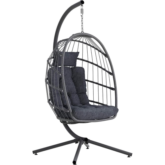 Outdoor Egg Chair with Stand, Wicker Hanging Swing Chair in Grey
