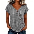 thumbnail image 3 of Favoffer Women's Plaid Pullovers V Neck Short Sleeve Button Placket Grid Weave Loose Silhouette Daily Shirts Picnic Gathering Weekend Rest, 3 of 8