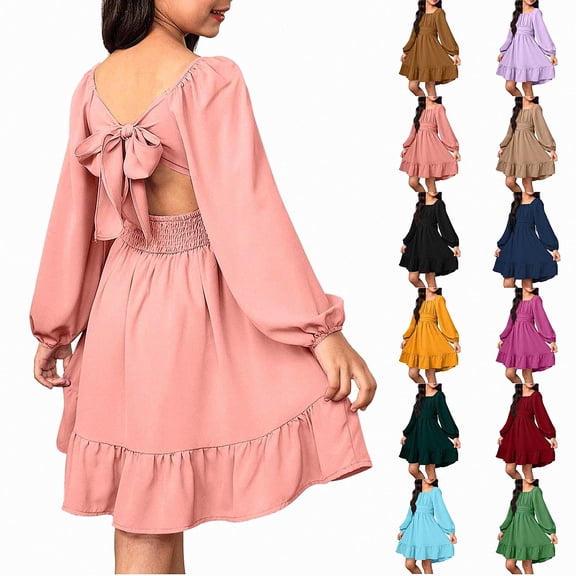 Teylalorva Girls Dresses (4-13), Sweet Puff Long Sleeve Bow Backless Tie-Up Dresses Crew Neck Fashion Outfit Summer Party Pink Size 6