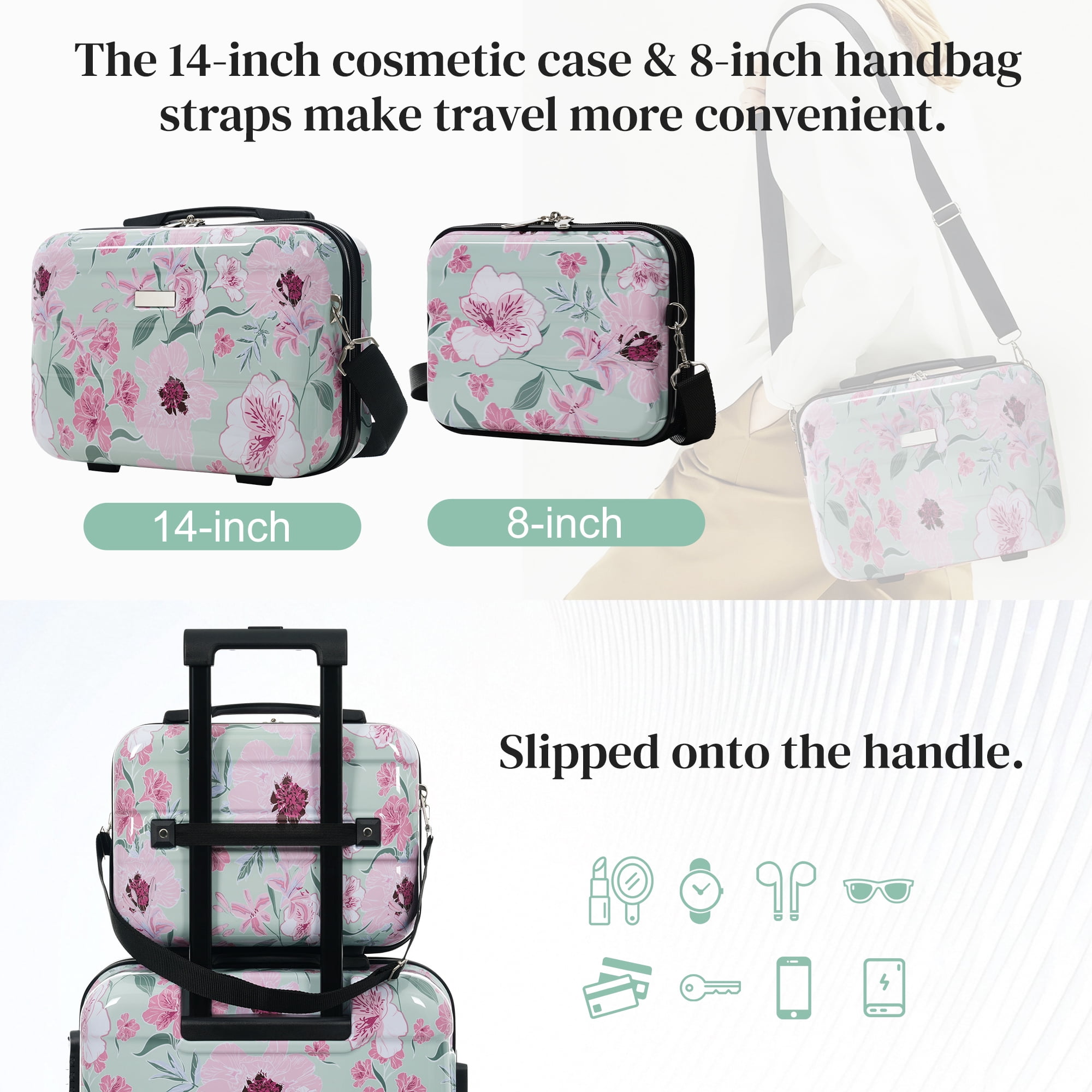 Euroco 5 Piece Luggage Sets with Spinner Wheels, Hardshell Lightweight Suitcase Set with TSA Locks and 2 Bags, Durable Checked Large Suitcase for Travel(8"/14"/20"/24"/28"),Green & Pink Flower