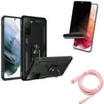 thumbnail image 1 of 10ft Long USB-C Cable & Hybrid Case Cover & Privacy Screen Protector for Samsung Galaxy S22 (6.1") - Pink Charger Cord & Metal Ring Kickstand & TPU Film Fingerprint Works Accessory Bundle, 1 of 13