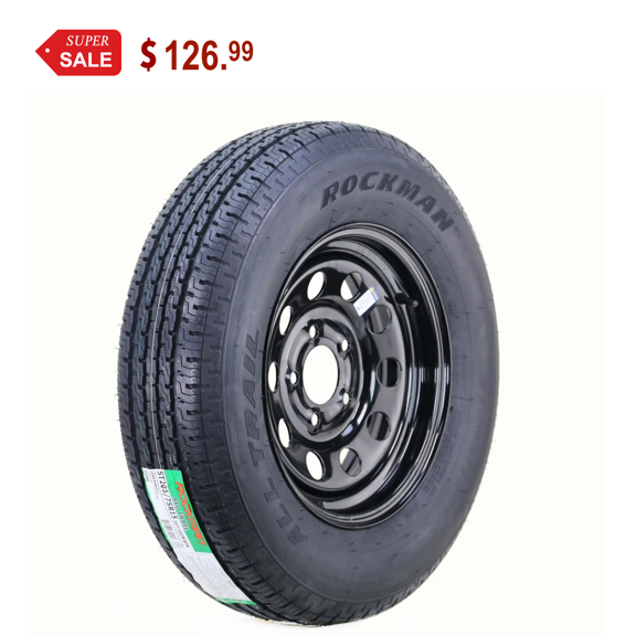 ROCKMAN Trailer Tire Wheel Assembly ST205/75R15 8-Ply D 107M 5 Lug on 5" PCD Black Mod Rim