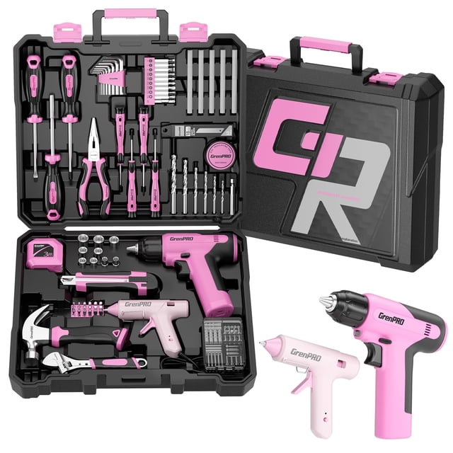 Juego de herramientas GRENPRO Pink de 188 piezas con taladro inalámbrico de 110 V