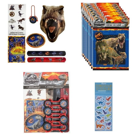 Jurassic World Party Supplies Bundle Pack Includes 8 Plastic Loot Bags, 48 Pc Favor Pack Includes 8 Sticker Sheets, 8 Tattoos, 8 Activity Sheets, 8 Slap Bracelets, 8 Paper Masks, 8 Disc Shooters