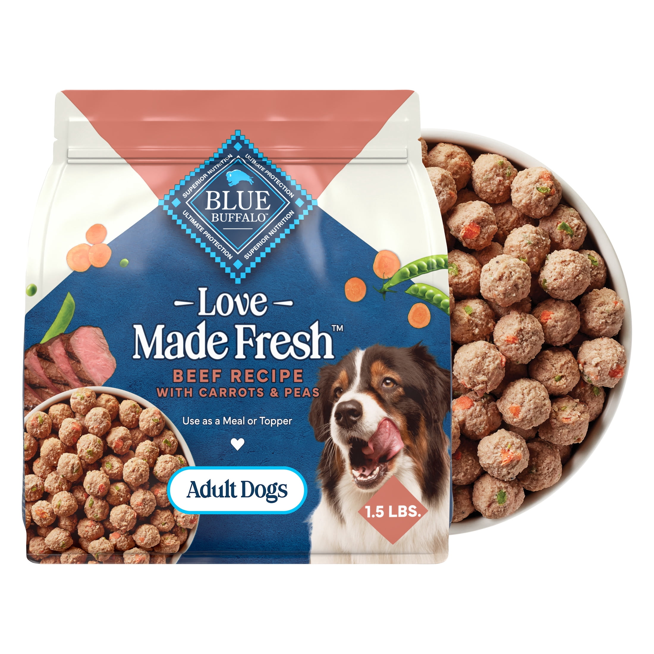 (4 pack) Blue Buffalo Love Made Fresh Adult Refrigerated Dog Food, Beef Meatball 1.5lb Pouch