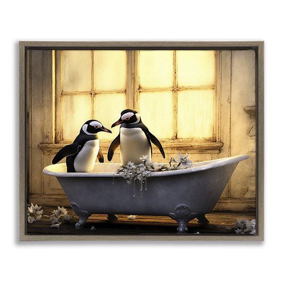 Stupell Industries Cottage Penguins in Sunlit Bath Brown Floating Frame Canvas Art, 31 x 25, by Lazar Studio