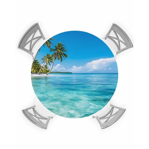 nqOlkjepod Ocean Sea Round Tablecloth, Fitted Table Cover with Elastic for 55"-60" Round Tables, Summer Palm Trees Blue Sky Beach Tropical Table Cloth Outdoor Dinning Party Waterproof Tablecloths