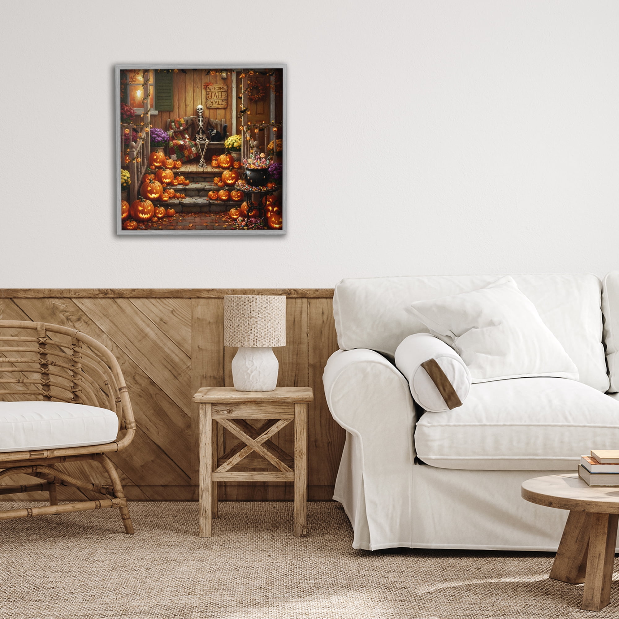 Stupell Industries Welcome To Fall Skeleton Porch Gray Framed Giclee Art, design by Tabz Jones