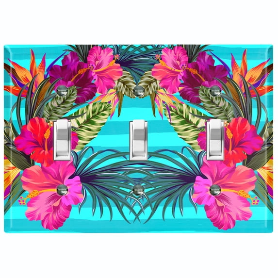 Metal Light Switch Plate Cover Hibiscus Flower Wreath Teal Stripes FLW031