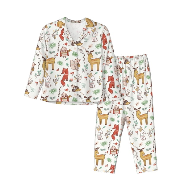 Balery Cute Little Animals Conjunto de Pijama con Estampado para Mujer, Conjunto de Dos Piezas con Manga Larga, Ropa de Dormir Suave con Bolsillos, Pijamas Cómodos-Large