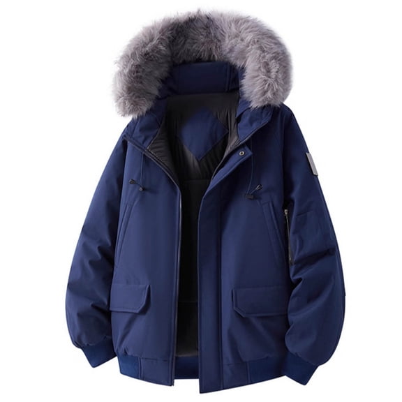 BRGZLK Men Coats Fashion Thickened Solid Color Long Sleeve Hooded Multi Pocket Work Outdoor Warm Zipper Coat Fall Winter Casual Jacket Dark Blue XXL
