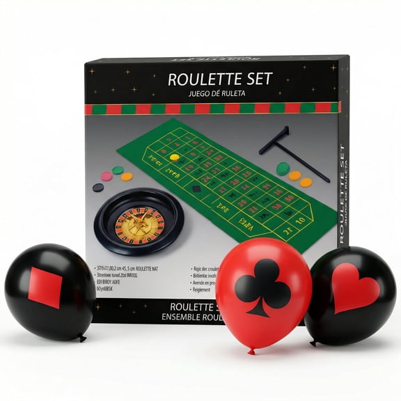 Roulette Set Home Tabletop Game Kit with Wheel, Felt Mat, Chips, Rake and 6 Casino Theme Latex Balloons Red Black
