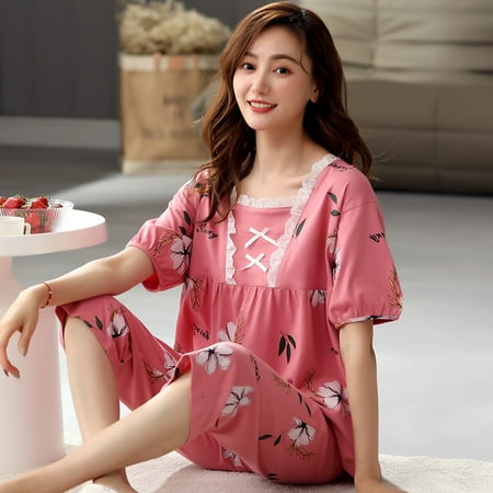 

PIKADINGNIS Women Sleepwear Suit Summer Autumn Womens Full Cotton Short Sleeve Pajamas Set Loose Adult Mother Sleepwear Set Soft Home Cloth