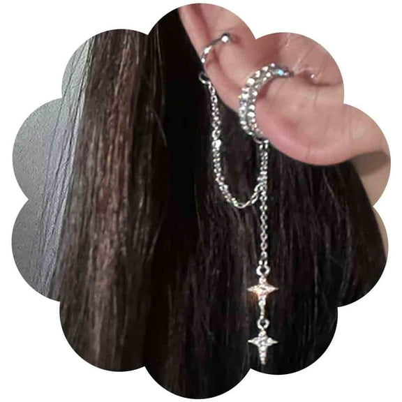 Boho Cz Circle Cuff Dangle Earrings Silver Crystal Cross Long Cz Tassel Chain Rhinestone Ring Helix Chain Clip on Earrings Non Pierced Jewelry for Women