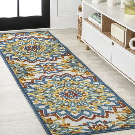 JONATHAN Y AMALFI COAST 2 x 8 Runner Rug, Flora Abstract Bold Mandala - Red/Blue/Yellow, AMC112A-28