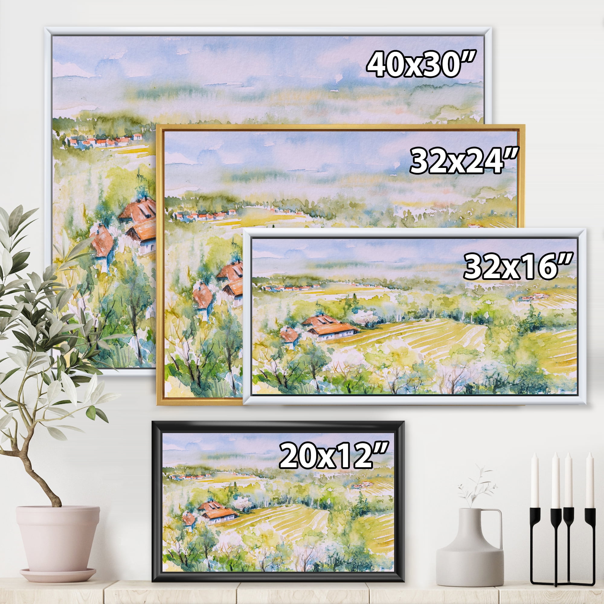 Designart 'Abstract Blossoming Green Fields In Countryside ' Country Framed Canvas Wall Art Print