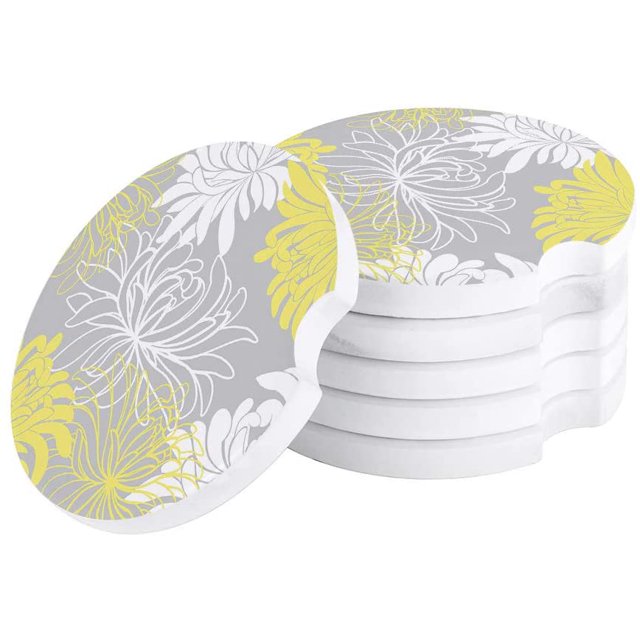 POGLIP Yellow Abstract Daisy Floral Printing Cute Floral Plant Set of 4 Car Coaster for Drinks, Absorbent Ceramic Stone Coasters Cup Mat with Cork Base for Home Kitchen Room Coffee Table Bar Decor