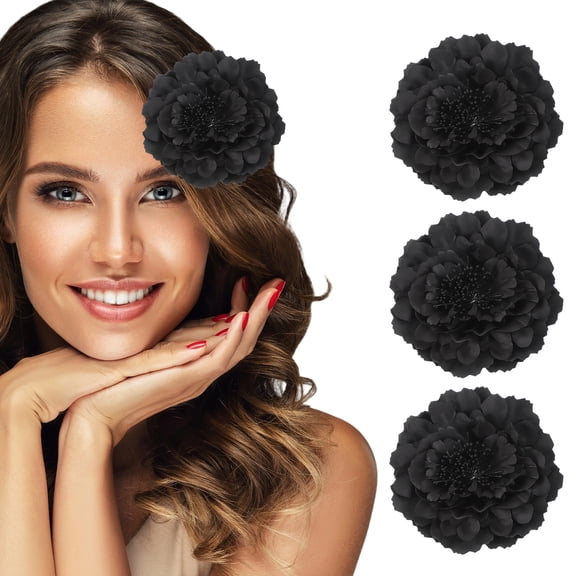 Uxcell 3 Pcs Peony Flowers Hair Clip, 4.7 Inch Artificial Fabric Head Flower for Women Hair Pins Corsage DIY Crafts Clothing Wedding Birthday Party, Black