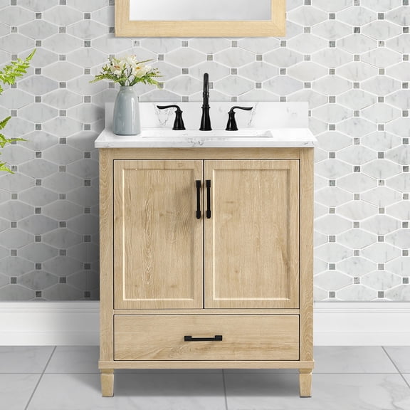 Hardin 30" Single Bathroom Vanity, 31" W x 19" D x 34.5" H, Carrara White Quartz Top with Sink & Backsplash, Light Wood, MDF, Pre-Assembled, 1 Soft-Close Drawer & 2 Doors, Adjustable Feet