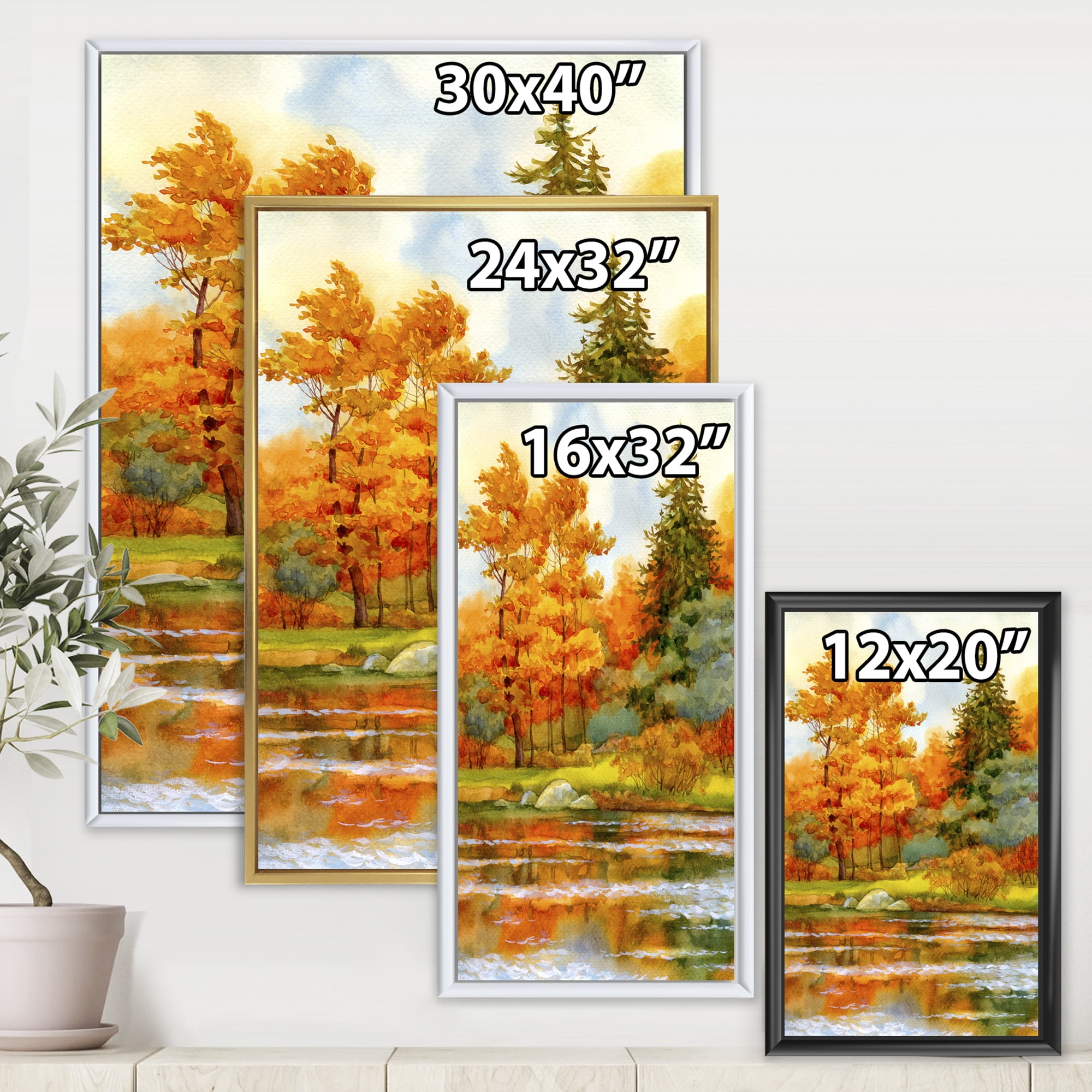 Designart 'Autumn Forest By The Lake Side III' Lake House Framed Canvas Wall Art Print