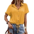 thumbnail image 3 of SLADYGLO Women Lapel Collar Buttons Rolled-Up Sleeve Drawstring Elastic Hem Top, 3 of 6