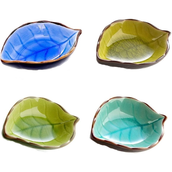 4 Mini Sauce Bowls - Small Plates, Ceramic Sauce Bowls, Handmade Leaf Shape Sauce Bowls, Suitable for Kitchen, Dining Room (Light Yellow, Dark Blue, S