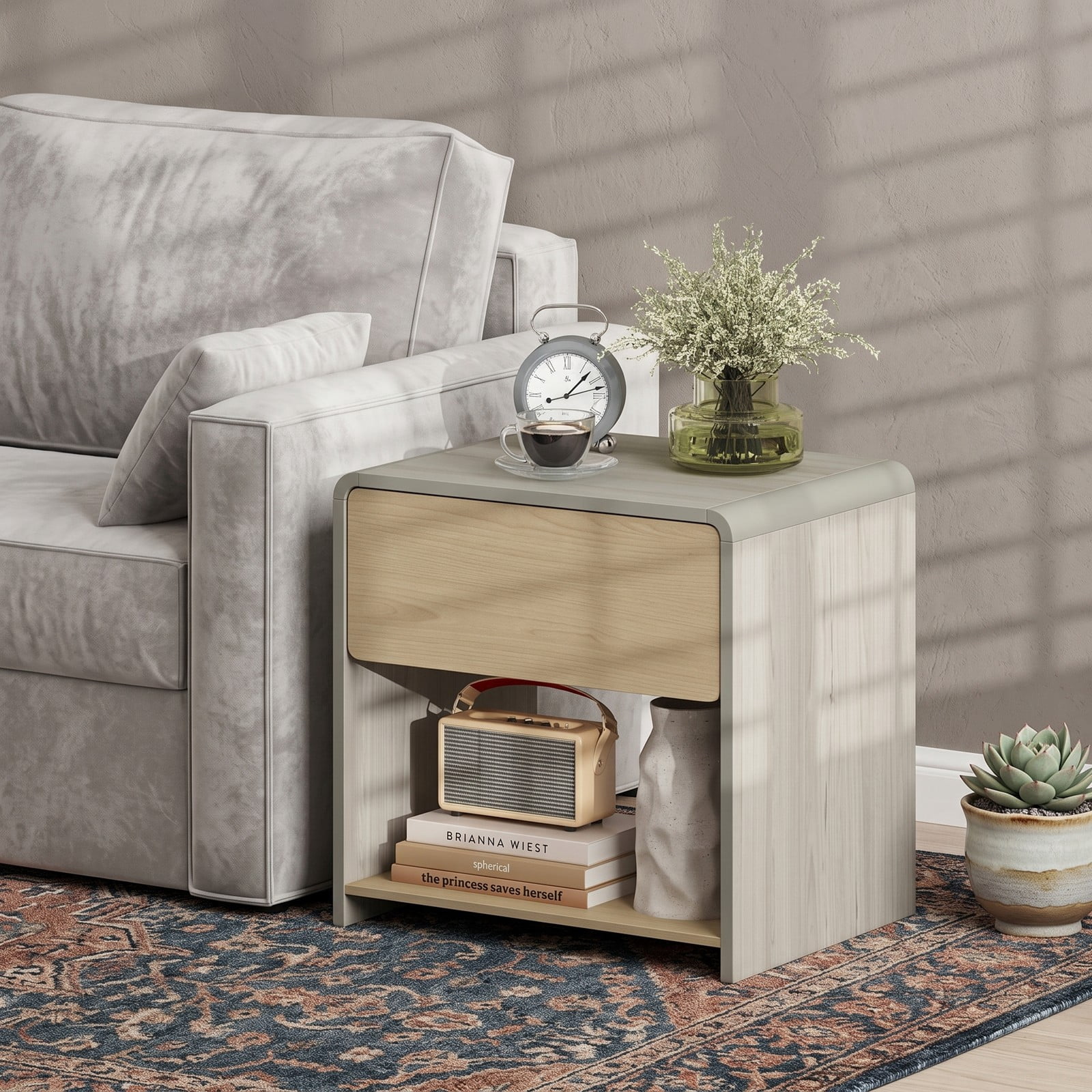 Furnibear 2-Tier Modern Nightstand with Drawer and Open Shelf plus Concealed Handle for Bedroom Living Room and Study, Oak