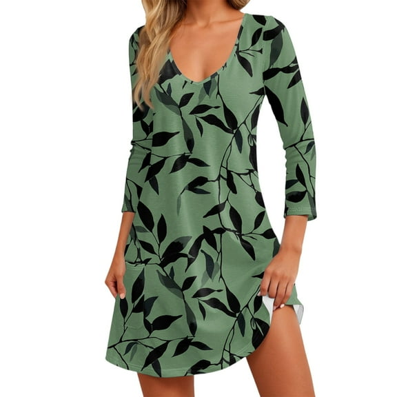 Women's Fashionable Casual V-Neck Floral Print Pocket Seven Quarter Sleeve Dress Lightweight Soft Spring Summer Sundress 2025 New