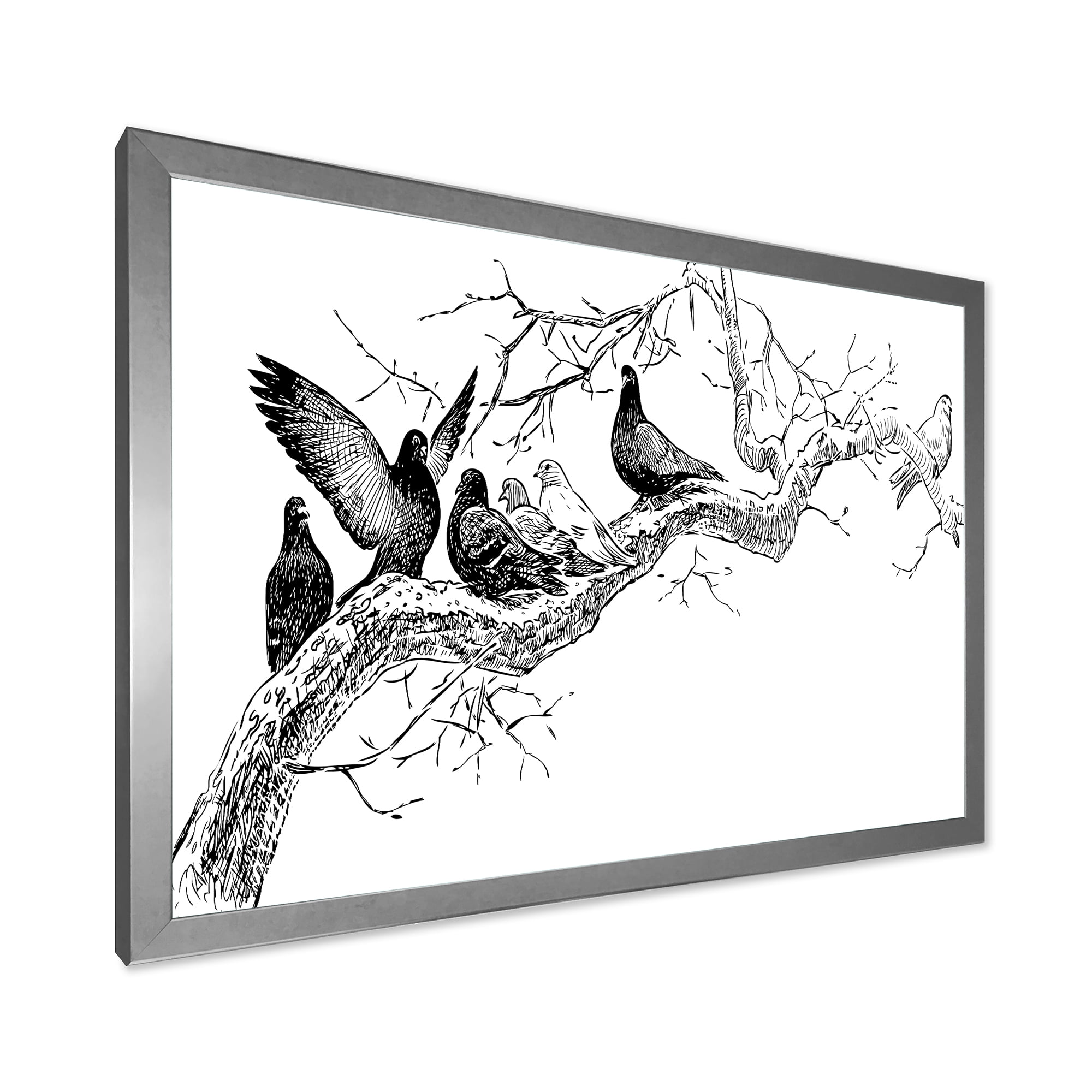 Designart 'Pigeons Sitting On The Tree Branch' Traditional Framed Art Print