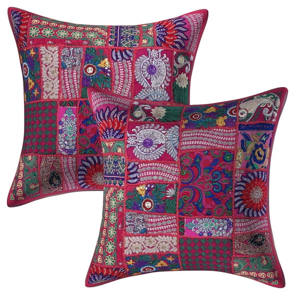 Stylo Culture Ethnic Cotton Home Decor Throw Pillow Covers Dark Pink 20 x 20 Bohemian Vintage Patchwork Ethnic Sofa Cushion Covers 50x50 cm Living Room Abstract Square Pillow Cases | Set Of 2