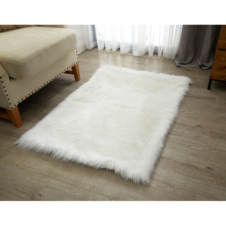 Lanco Fluffy Sheepskin Faux Fur Shag Area Rug, White, 30x46