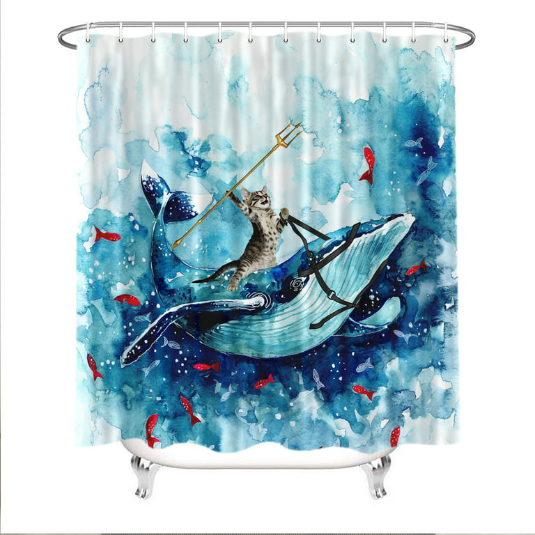 Funny Cat Whale Shower Curtain, Hilarious Cat Holding Trident Riding Shark  in Ocean Shower Curtain, Cute Kids Shower Curtain for Bathroom Watercolor