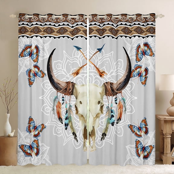 Homewish Boho Bull Skull Black Out Curtains,Retro Rustic Farmhouse Curtains Pack of 2 (42x63 Each),Vintage Aztec Geometric Bedroom Curtains For Boys Kids,Super Cozy Room Decor