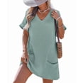 thumbnail image 3 of Swimsuit Coverup for Women Waffle Knit V Neck Short Sleeve Beach Coverup Dress with Pockets Bean Green XXL, 3 of 8