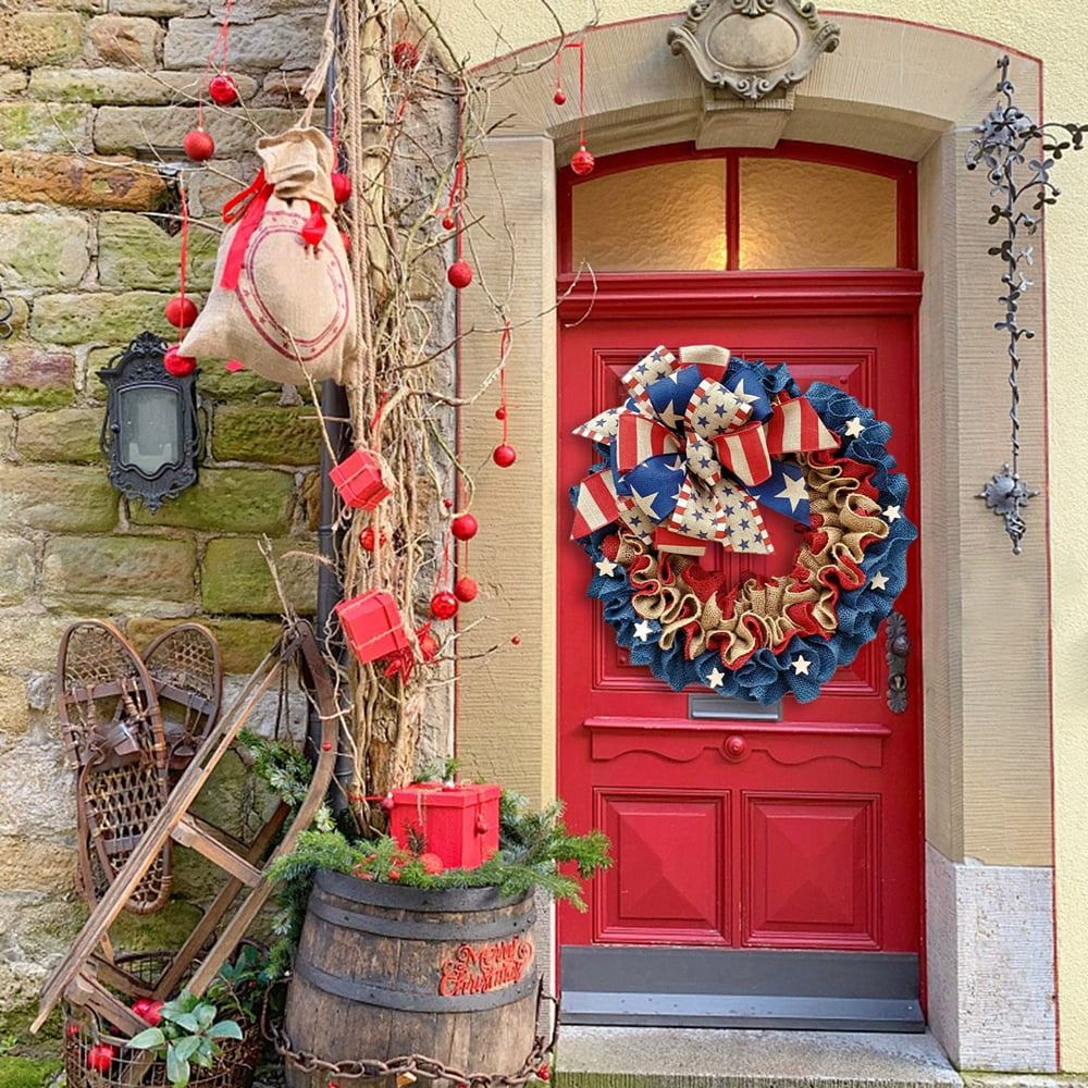4th of July Independence Day Wreaths, Summer Patriotic Front Door Wreath with Bow Memorial Day Ribbon Wreath for Front Door Wall Home Decor